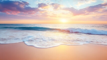 Obraz premium A tranquil beach at sunset with golden sand and gentle waves lapping the shore