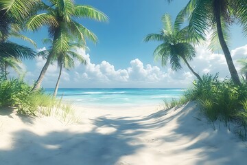 Palm Trees Frame Tropical Beach Scene with Blue Water