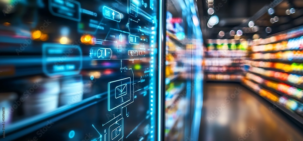 Aufkleber Smart digital display on refrigerator showcasing interactive shopping data in aisle : Generative AI