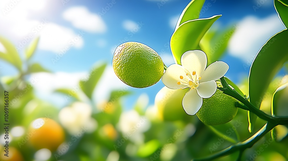 Poster lime and flower on tree branch with vibrant leaves in sunshine : generative ai