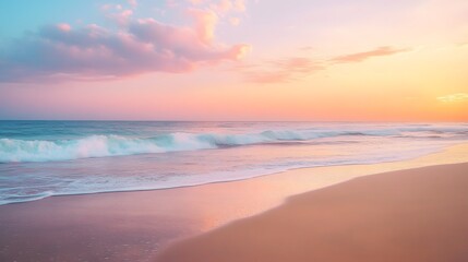 A tranquil beach at sunset with golden sand and gentle waves lapping the shore