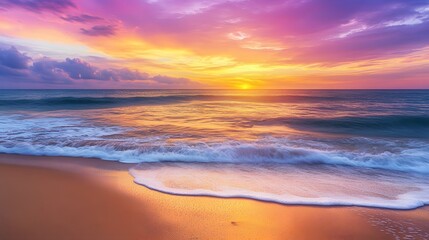 A tranquil beach at sunset with golden sand and gentle waves lapping the shore