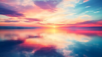 A tranquil lake at sunset features reflections of a colorful sky shimmering on the water's surface, creating a serene and picturesque scene.