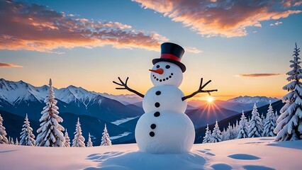 Obraz premium A snowman stands proudly on a snow-covered mountaintop at sunrise, with a breathtaking view of the snow-capped mountains and a vibrant sky.