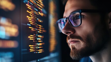 Focused Programmer Analyzing Code on a Monitor