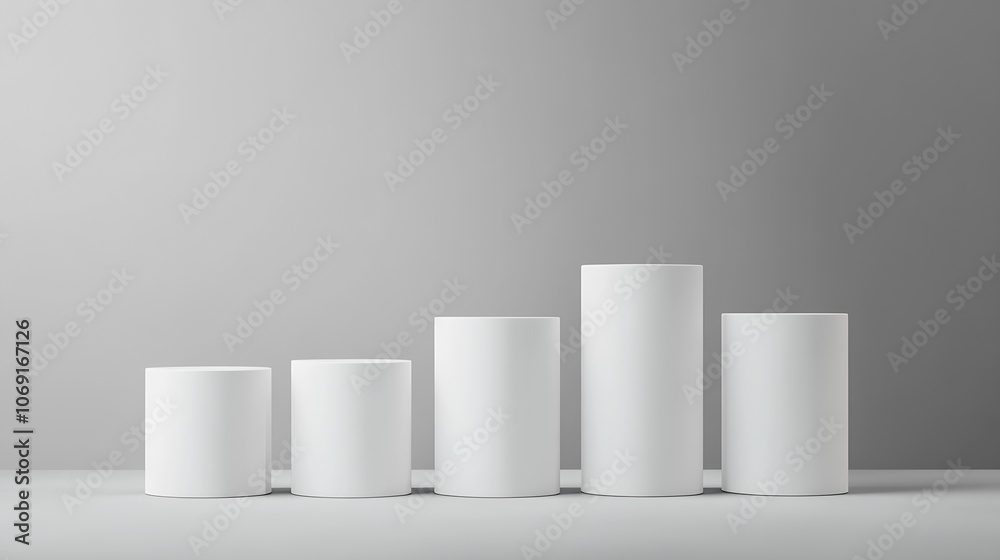 Poster modern art installation with white cylinder arrangement in a monochrome gray background : generative