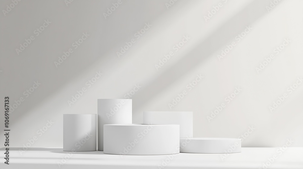 Poster Minimalist display of geometric white podiums with soft shadow and light : Generative AI