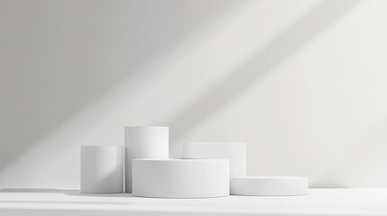 Minimalist display of geometric white podiums with soft shadow and light : Generative AI