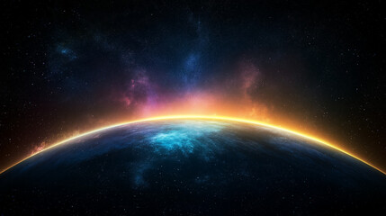 Obraz premium Cosmic Dawn: A breathtaking view of Earth from space, bathed in the soft glow of a rising sun, evokes a sense of awe and wonder, highlighting the fragility and beauty of our planet. 