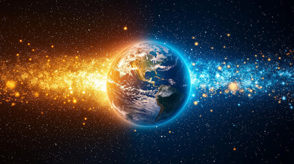 Fototapeta premium Cosmic Dance: Earth bathed in ethereal light, a celestial spectacle of blue and orange hues, swirling with cosmic energy against a backdrop of twinkling stars.