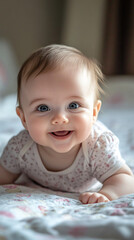 Fototapeta premium Joyful baby girl lies on a cozy bed, smiling with innocence and happiness during tummy time. Her blue eyes and blonde hair radiate love and care in a warm portrait of childhood