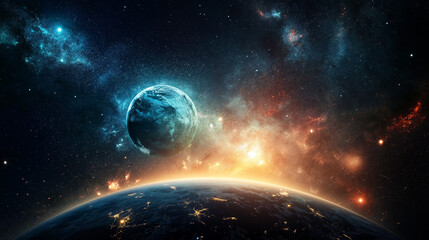 Obraz premium Cosmic Dawn: A breathtaking panorama of a vibrant planet rising from the cosmic abyss, bathed in the warm glow of a distant nebula, with a blue planet and stars in the background. 