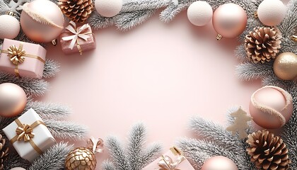 Naklejka premium Chic and Elegant Christmas Layout with Pinecones and Wrapped Gifts on Soft Pink : Generative AI