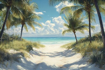Palm Trees Framing a Turquoise Beach Path