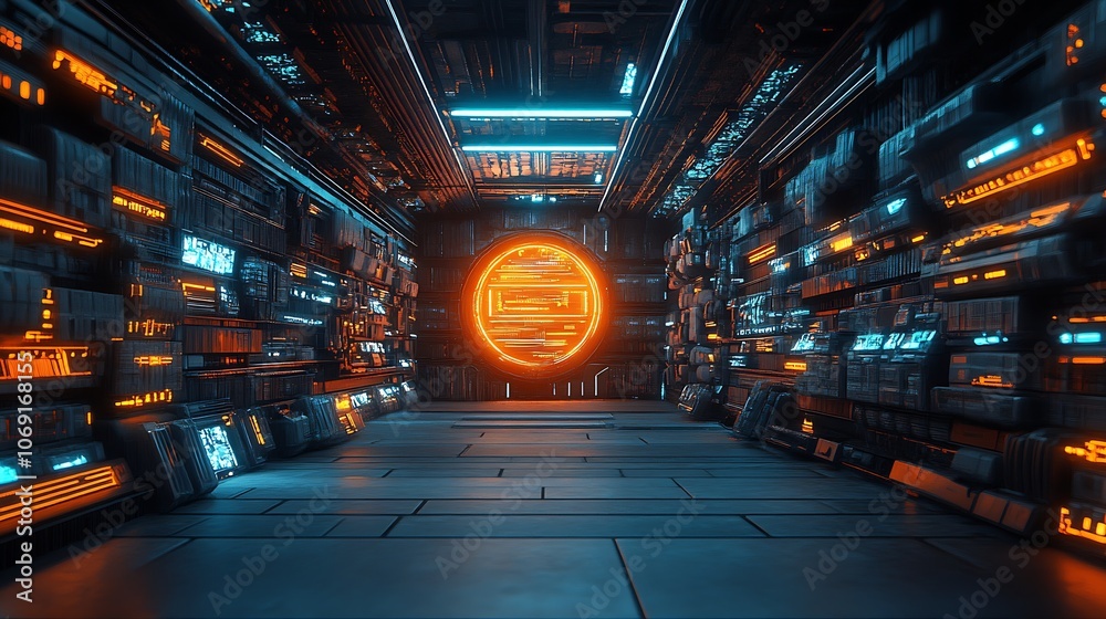 Aufkleber High-tech corridor with digital aesthetics and glowing design in a sci-fi environment : Generative AI