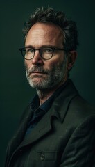 Fototapeta premium Sophisticated Portrait of Bearded Man with Glasses in Dramatic Lighting for Professional Use