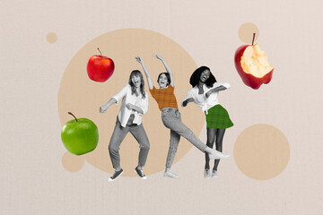 Composite creative art collage of three happy girls dance green red apple nutrition detox diet meal...