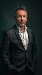 Fototapeta premium Confident Middle-Aged Man in Tailored Suit Against Dark Green Background for Professional Use