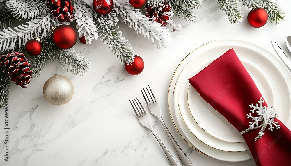 Poster elegant christmas table arrangement with red baubles and silverware : generative ai