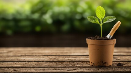 A young green plant grows in a small pot on a wooden surface, symbolizing growth and renewal in a vibrant, natural setting.