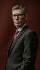 Fototapeta premium Professional Portrait of Middle-Aged Man in Dark Suit with Burgundy Background