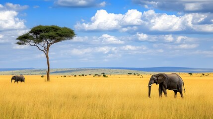 Obraz premium A vast savannah with golden grasses, acacia trees, and wildlife including elephants.