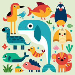 set of animals fish elephant