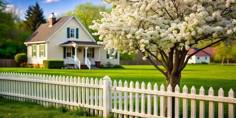 White Picket Fence with a Blooming Tree in the Foreground and a House in the Background, Spring , Yard , Home