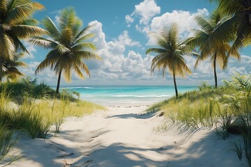 Obraz premium Palm Trees Framing Tropical Beach Path Through Lush Foliage
