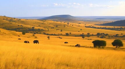 Obraz premium A vast savannah with golden grasses, acacia trees, and wildlife including elephants.