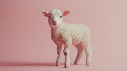 Fototapeta premium one small white lamb on pink background