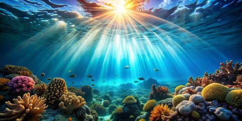 Fototapeta premium Sunbeams Illuminate Vibrant Coral Reef, Underwater Photography, Tropical Fish, Ocean Life, Reef, Fish, Underwater