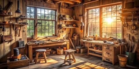 Sunbeams Illuminating a Rustic Workshop, Sunlight, Woodworking, Rustic Workshop