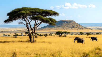 Fototapeta premium A vast savannah with golden grasses, acacia trees, and wildlife including elephants.