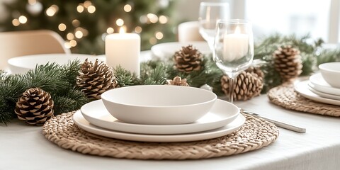 Chic Christmas Table Setup with Pinecones Candles and Elegant Plating : Generative AI