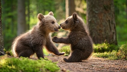 Fototapeta premium Two little bears cubs playing with each other in the forest