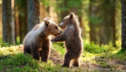 Obraz premium Two little bears cubs playing with each other in the forest