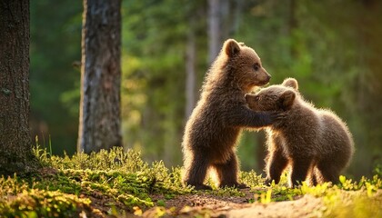 Obraz premium Two little bears cubs playing with each other in the forest
