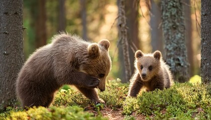 Fototapeta premium Two little bears cubs playing with each other in the forest