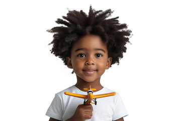 Child holding toy plane, smiling on transparent background