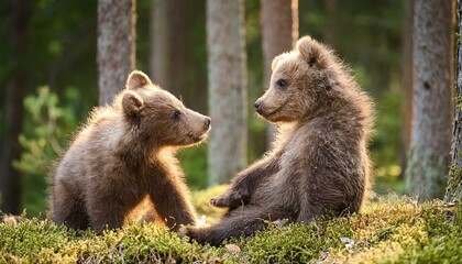 Obraz premium Two little bears cubs playing with each other in the forest