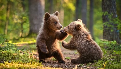 Obraz premium Two little bears cubs playing with each other in the forest