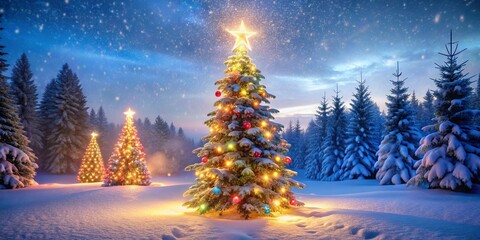 Snowy Christmas Tree in a Forest, Christmas tree, winter wonderland, holiday season