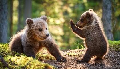 Fototapeta premium Two little bears cubs playing with each other in the forest