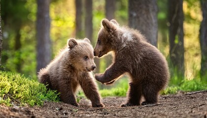 Obraz premium Two little bears cubs playing with each other in the forest
