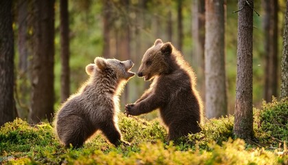 Obraz premium Two little bears cubs playing with each other in the forest
