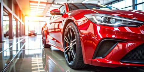 Obraz premium Red Sports Car Showroom, Sunlit, Close-up, Automotive, Luxury, Car, Showroom