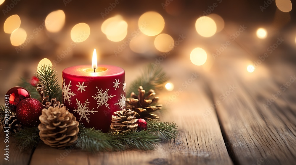 Poster snowflake patterned candle lit amidst pinecones and red festive ornaments : generative ai