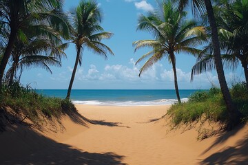 Obraz premium Palm-Lined Pathway to Turquoise Beach Paradise