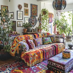 A vibrant bohemian living room featuring colorful textiles, eclectic furniture, and an abundance of plants. This lively and inviting space exudes a free-spirited, eclectic charm.